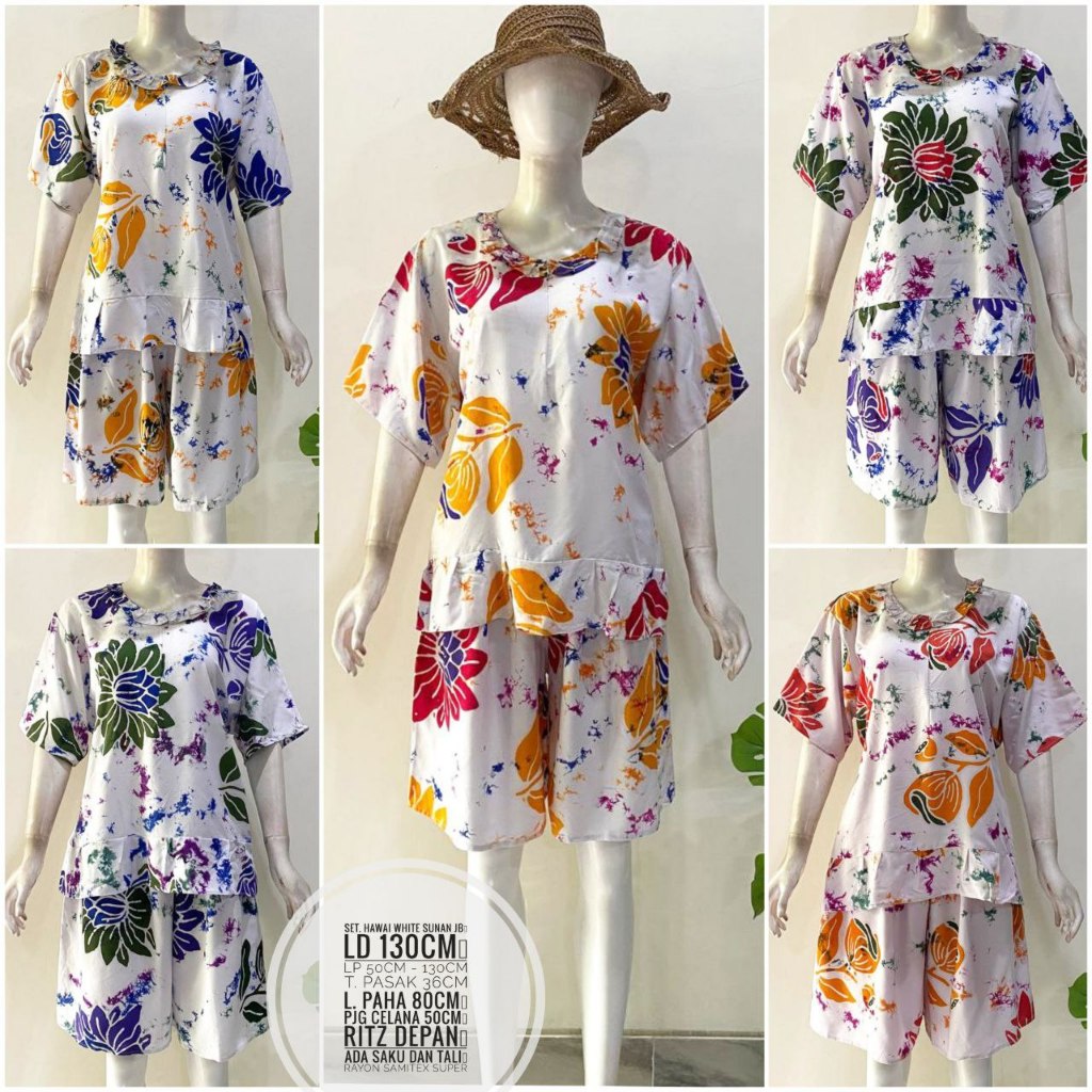BRS - Setelan Pendek Batik Cap Motif White Sunan Rayon Premium Pekalongan, Adem, Kekinian, Wanita, t