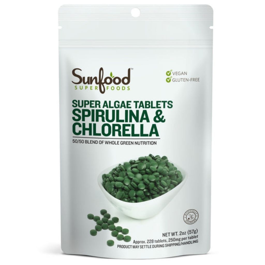 Sunfood Spirulina & Chlorella 250mg - Tablet Algae Superfood Vegan Bebas Gluten 228 Tablet