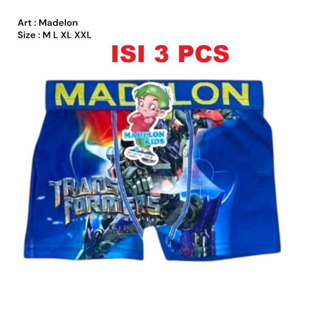 3pcs Boxer Anak Cowok MADELON Karet Pinggang - Dalaman Segiempat Laki-laki Bahan Katun Nyaman Dipake