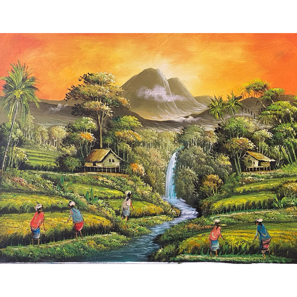 lukisan Pemandangan sawah pallet suasana Sunset, lukisan Canvas, lukisan khas Bali