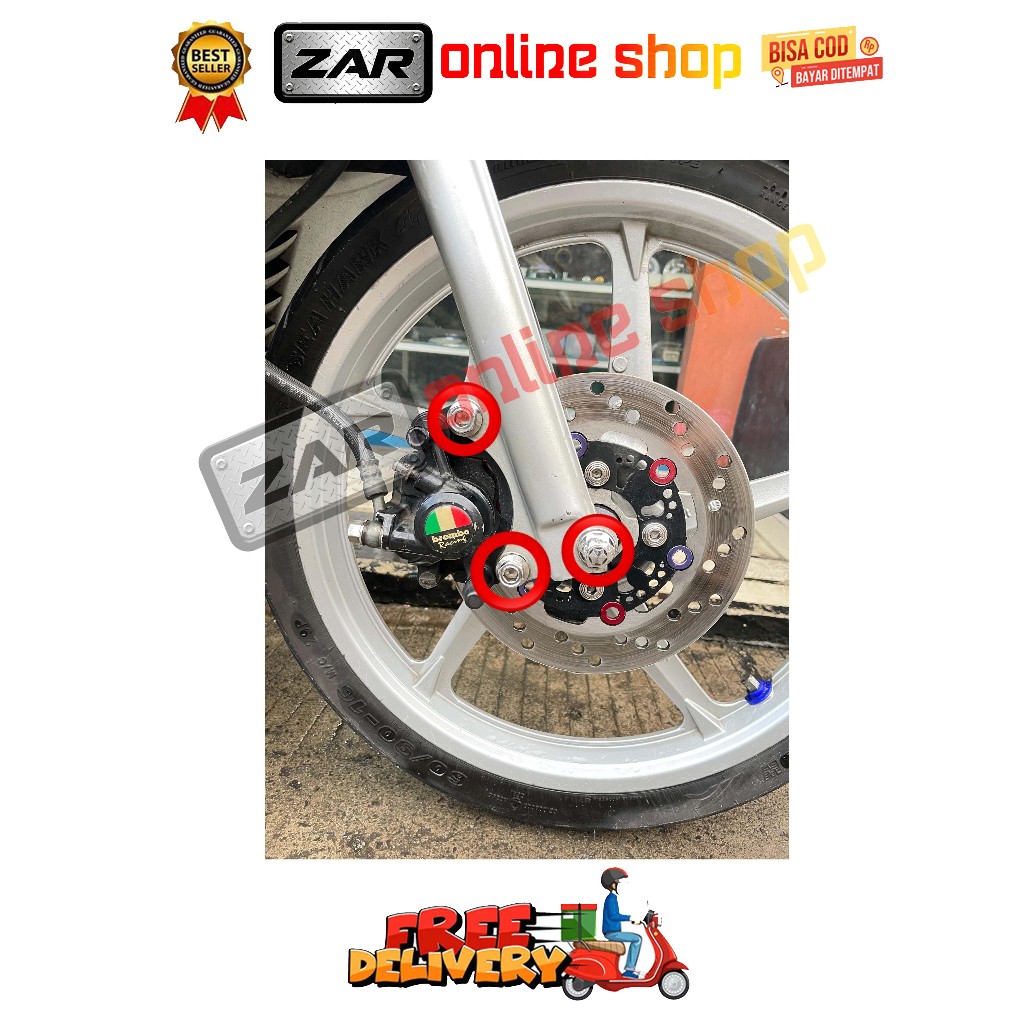 BAUT BREKET + AS RODA KALIPER DEPAN ( 3 BAUT ) MIO SMILE SPORTY SOUL FINO KARBU TAHUN 2003 - 2011 OL