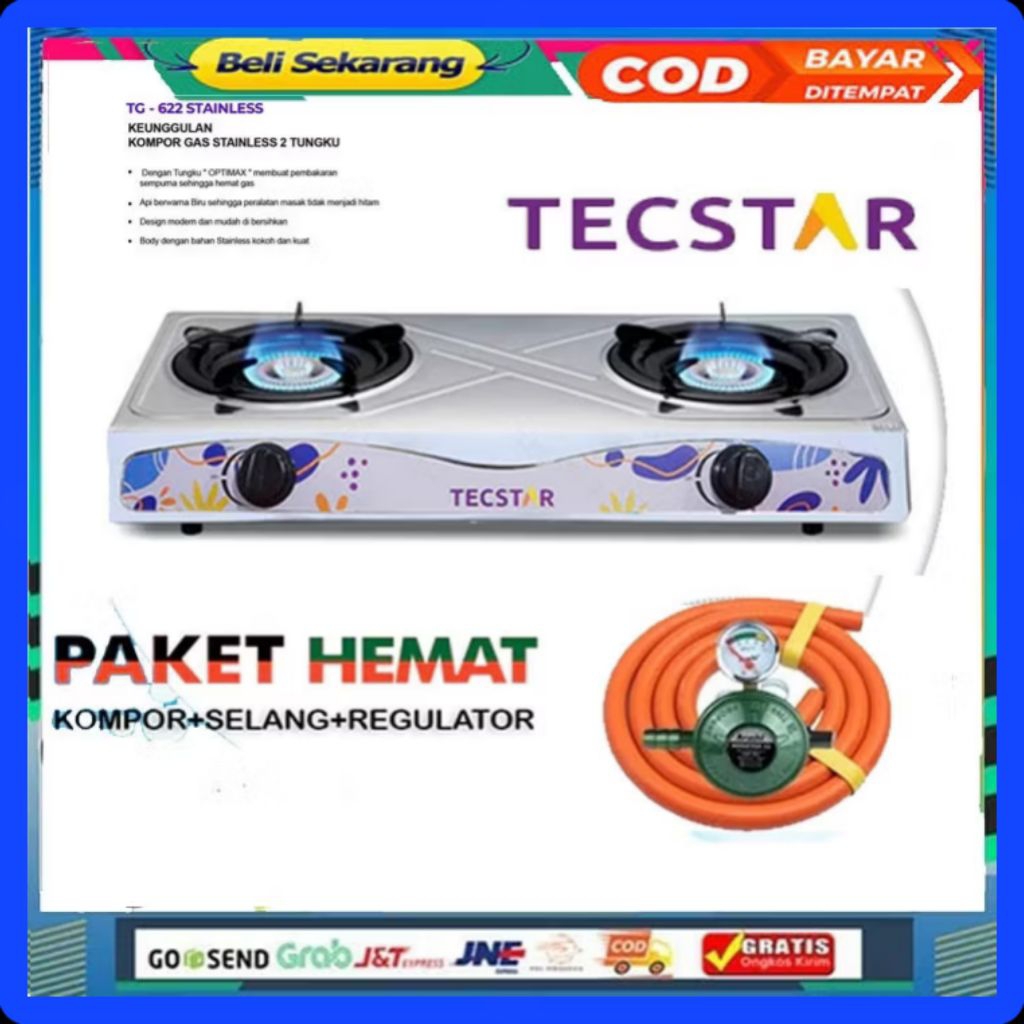 TECSTAR TG-622 Stainless Kompor Gas 2 Tungku + Regulator Selang Meteran SNI / Kompor Gas Kaca 2 Tung