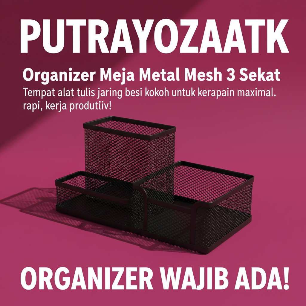 ORGANIZER MEJA KANTOR TIGA SEKAT METAL MESH STATIONERY HOLDER H9058 WARNA HITAM BAHAN BESI TEBAL