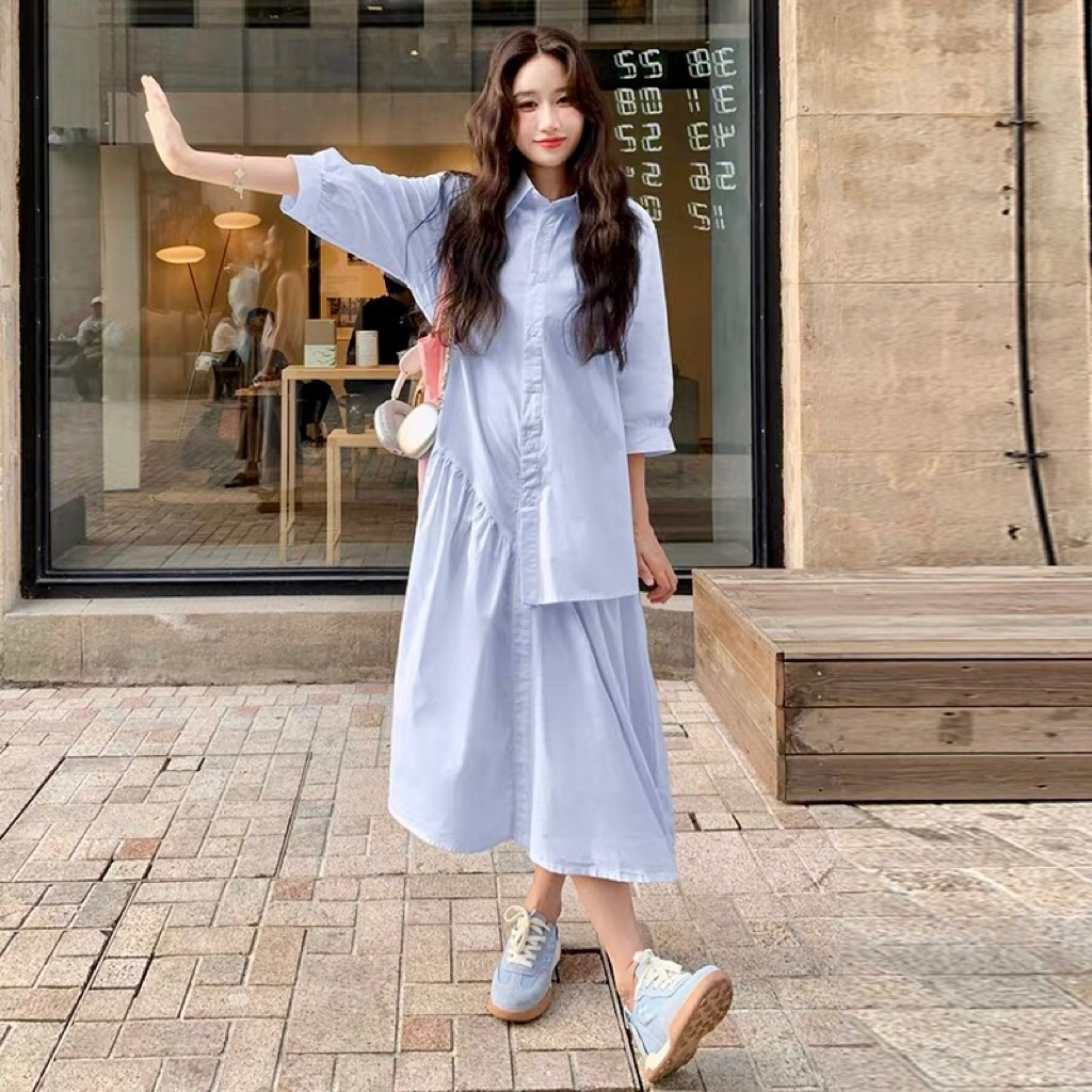 Dress biru Korea Wanita Impor D0999 blue dress/ casual dress / dress kemeja