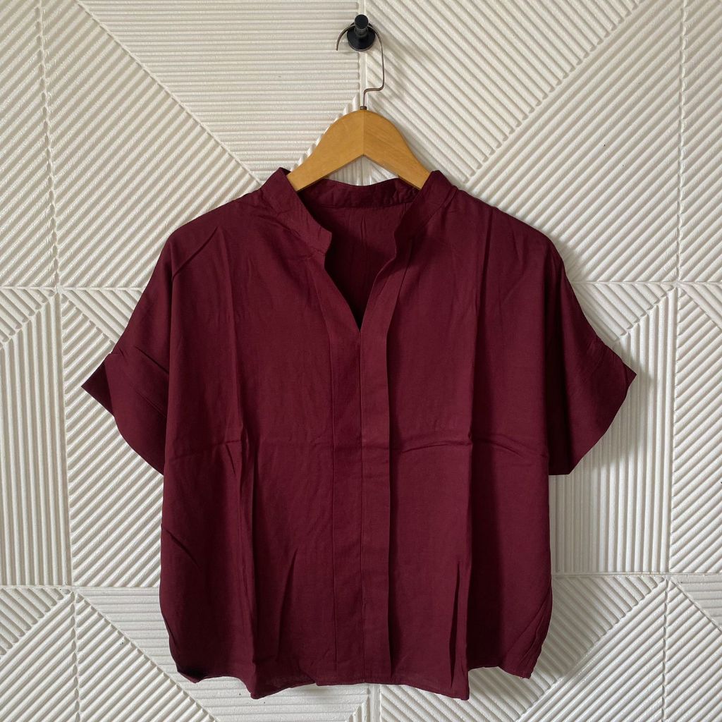 Syafiqa - Marsya Shirt Katun Rayon Basic Polos Lengan Pendek / Blouse Wanita Vneck Kerah Shanghai