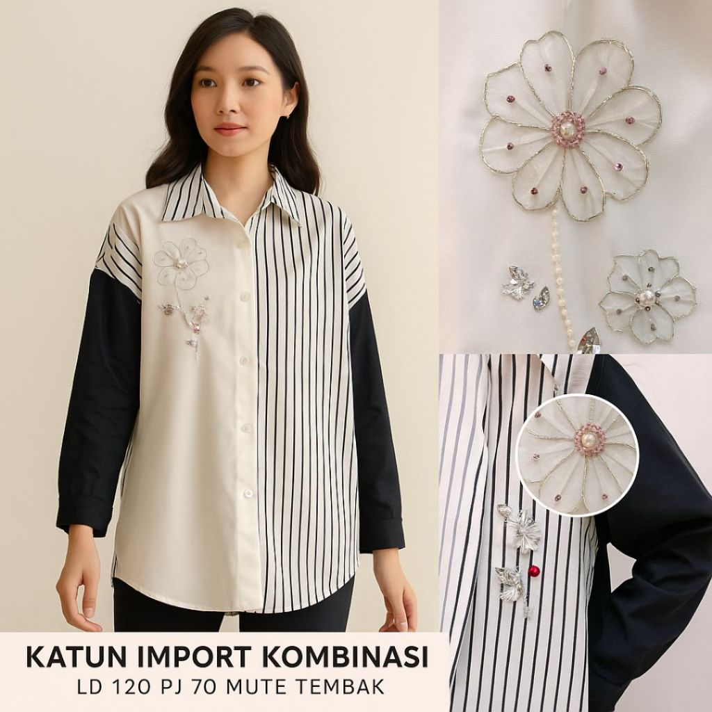 Kemeja Wanita Katun Import Kombinasi Salur Mutiara Payet | Atasan Panjang LD 120 Oversize