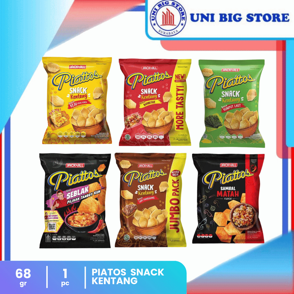 Piattos Snack Kentang Potato Pack 68 gr 115 gr Rasa BBQ Keju Pedas Korea Seblak Rumput Laut
