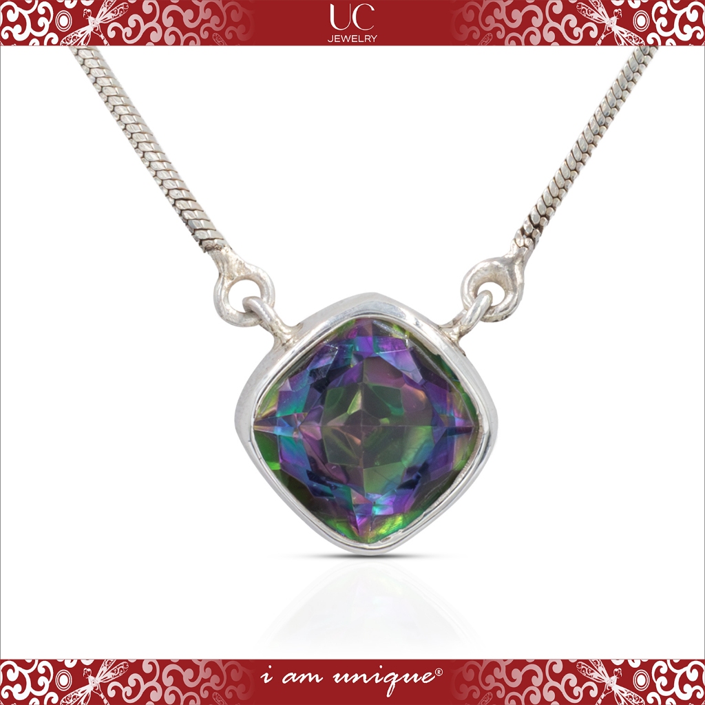 UC Jewelry Kalung Perak 925 Liontin Kotak Batu Mystic Topaz Rainbow Quartz Elegan