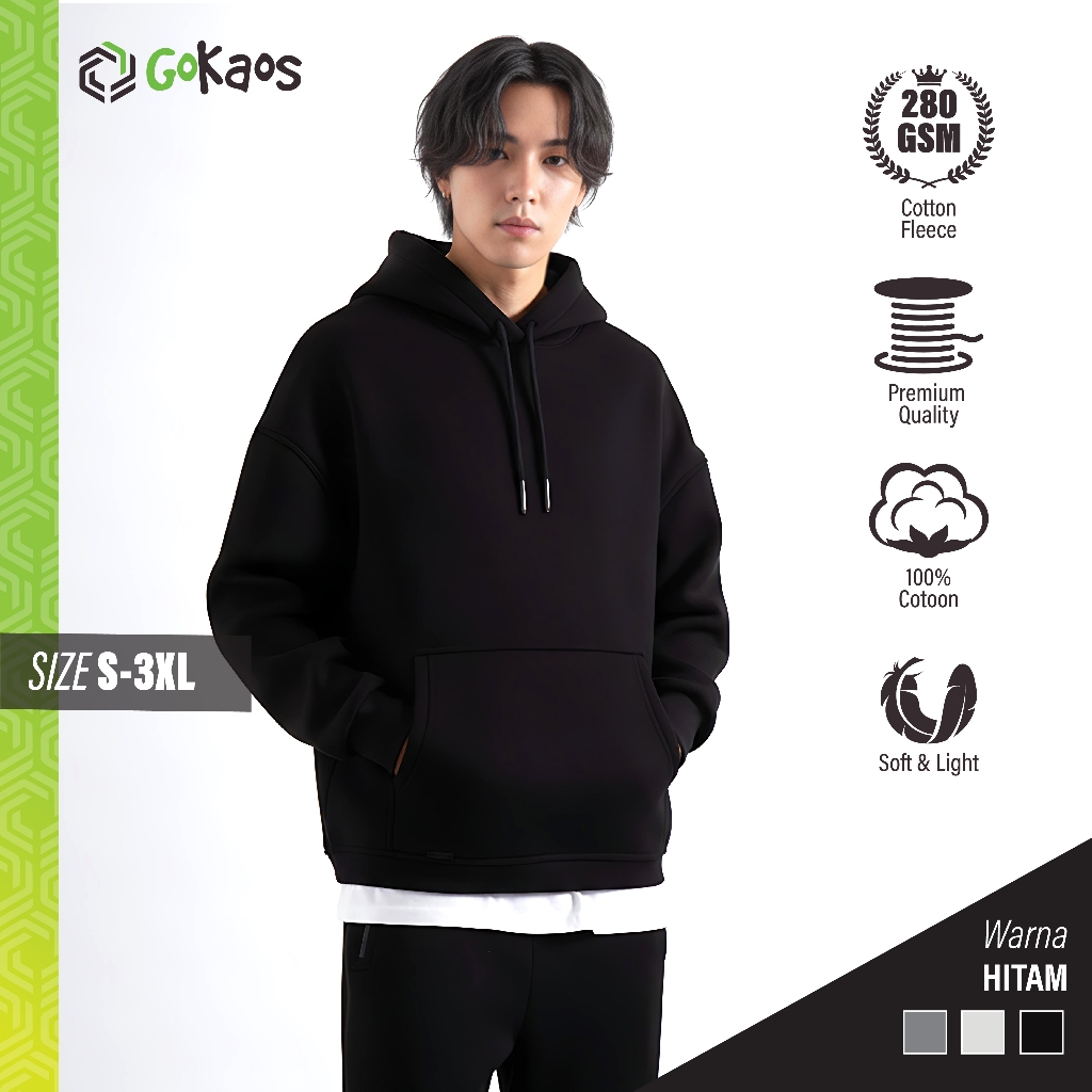 GoKaos HOODIE HITAM Polos  - Hoodie Cotton Fleece - Hoodie Polos - Hoodie Custom Sablon Satuan