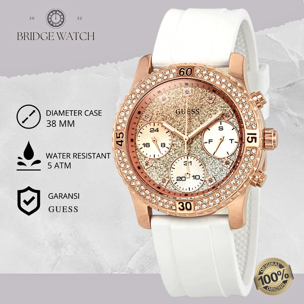 Jam Tangan Wanita Guess Confetti W1098L5 Analog Chronograph White Rubber Strap Putih Mewah Original