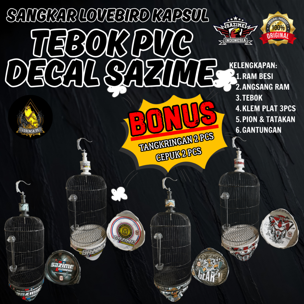 SANGKAR LOVEBIRD KAPSUL SAZIME 1 SET LENGKAP TEBOK PVC DECAL GANTUNGAN DAN PION PLASTIK DECAL SAZIME