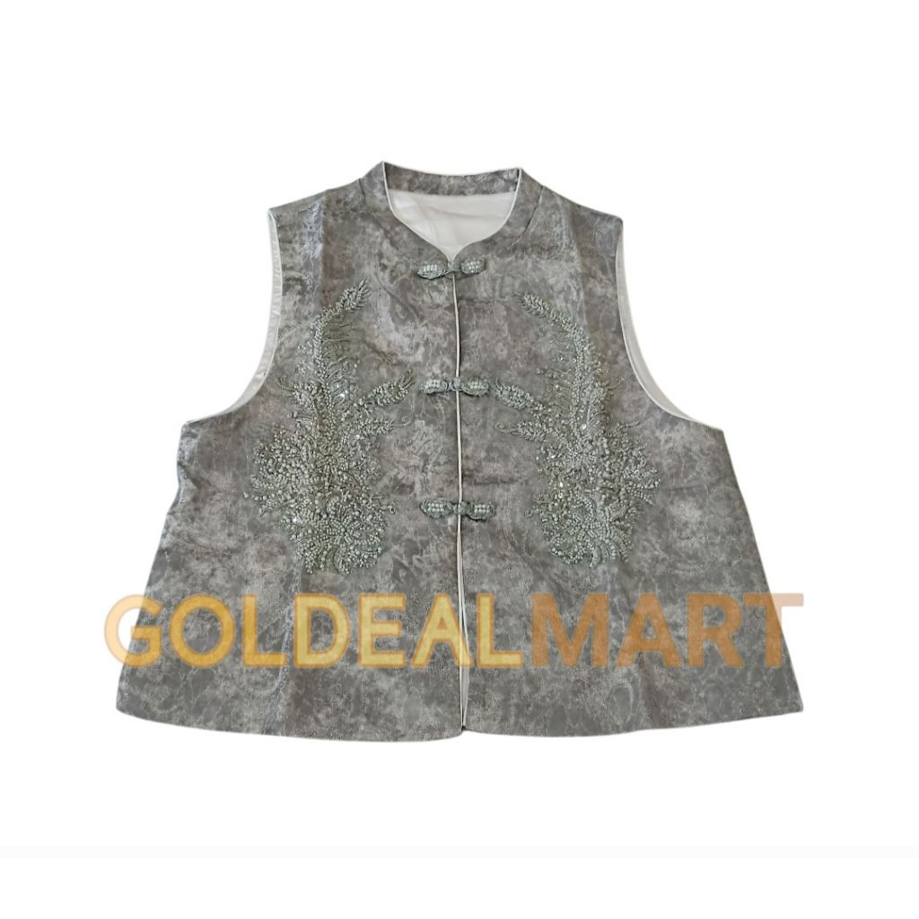 Baju rompi vest wanita tradisional cheongsam imlek warna abu silver grey motif aksen payet motel can