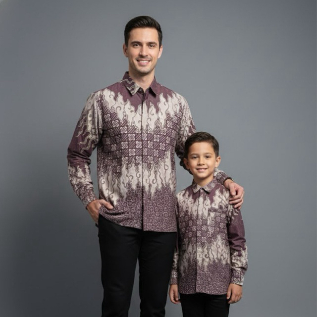 Kemeja Batik Couple Dewasa Ayah dan Anak Laki Saroja Mega Mendung Ungu Mauve Katun Primis Lengan Pan
