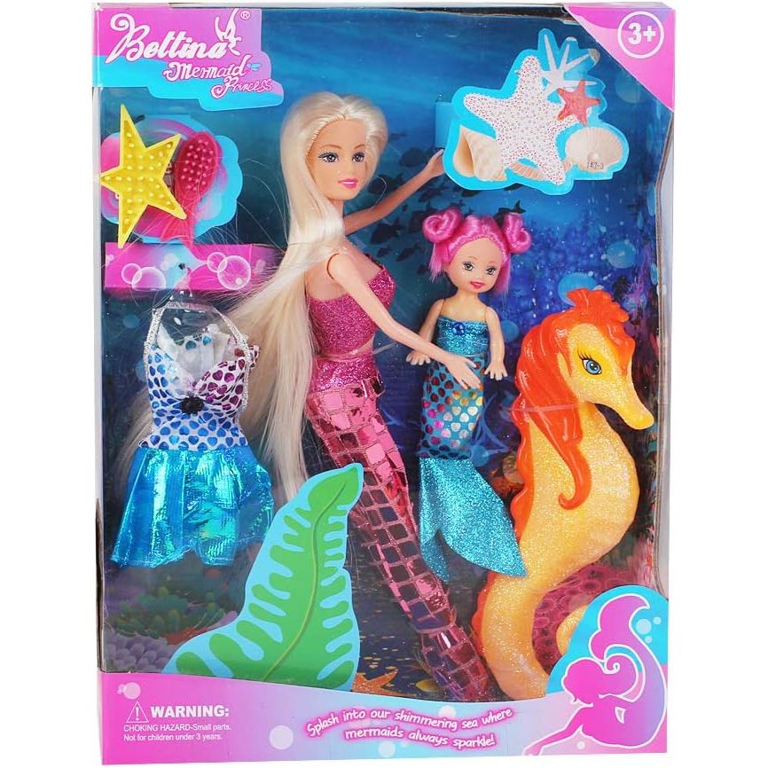BETTINA 12'' Mermaid Princess Doll with 3'' Mermaid & Seahorse Play Gift Set