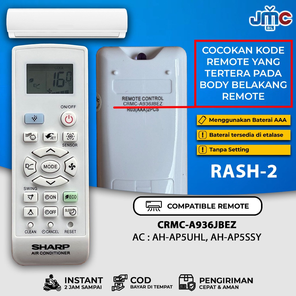 JMC Remote AC CRMC-A936JBEZ Pengganti Remot AC Sharp Model AH-AP5UHL AH-AP5SSY