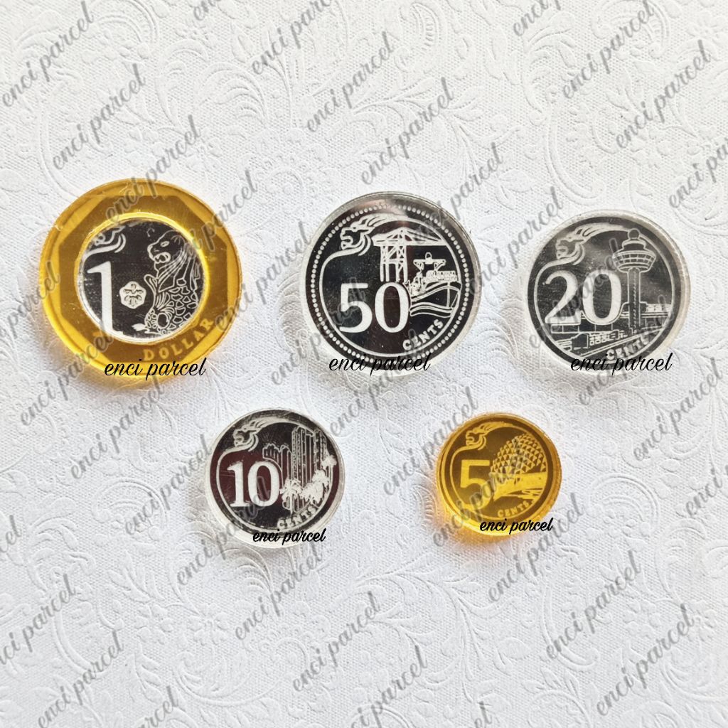 replika koin cent singapura mata uang singapore SGD dollar bahan akrilik gold dan silver untuk tempe