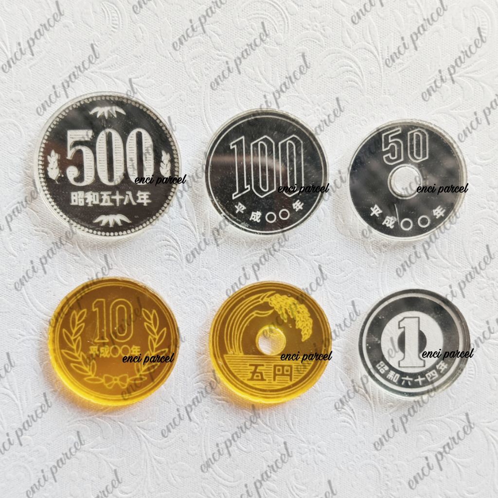 replika koin yen mata uang jepang ¥ bahan akrilik gold dan silver untuk tempel di pigura frame mahar