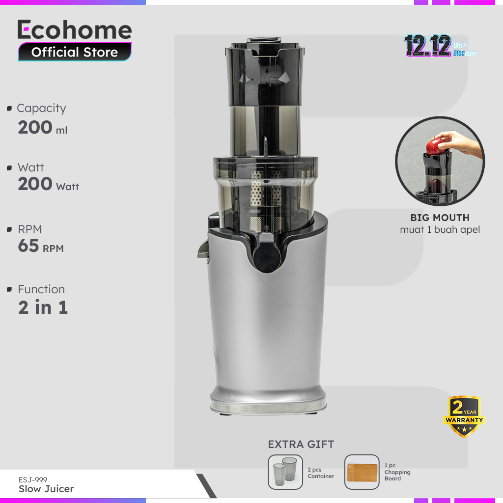 ECOHOME Slow Juicer ESJ999 2 in 1 Function Pengekstrak Buah Tanpa Ampas RPM65 Low Watt & Easy Clean