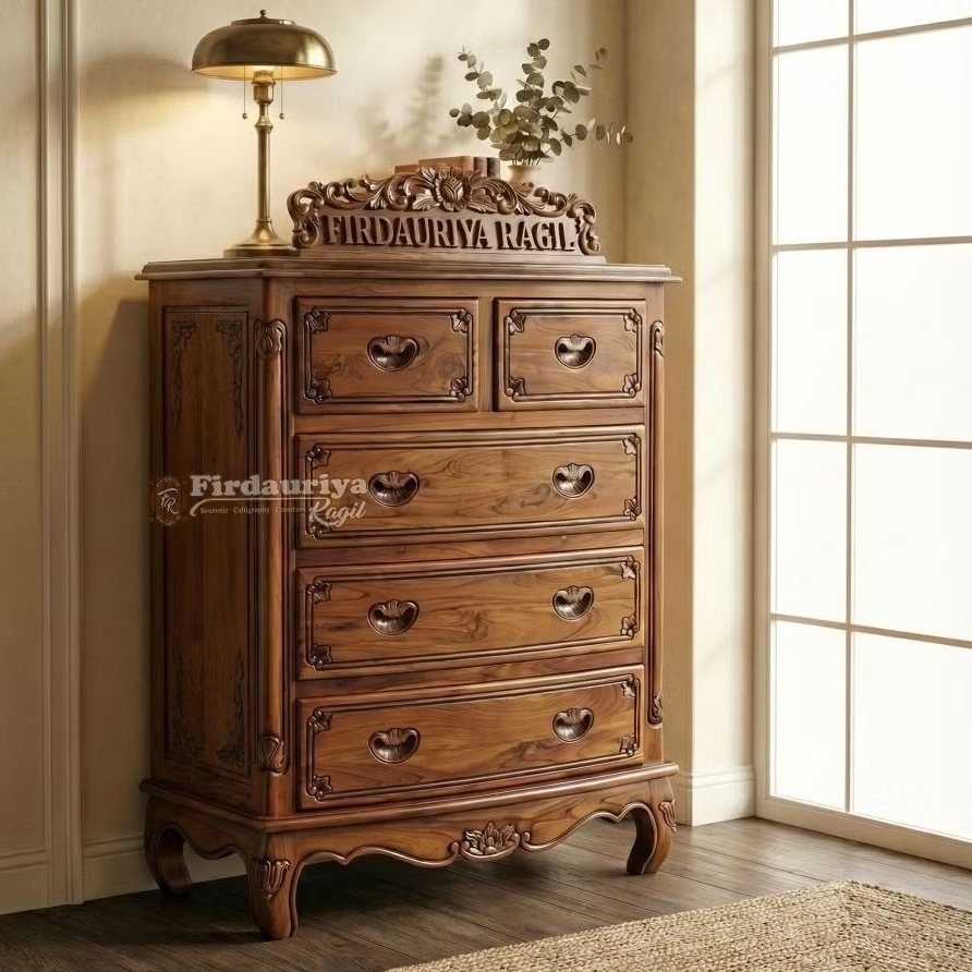 Meja lemari arsip drawer laci 5 besar kecil kayu jati perhutani grade A minimalis ukir kayu pahat uk