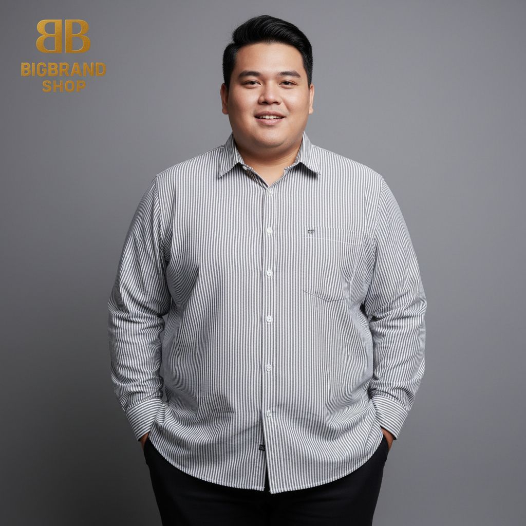 BIGBRAND Baju Kemeja Salur Pria Jumbo Motif Stripe Garis Garis Lengan Panjang Bigsize