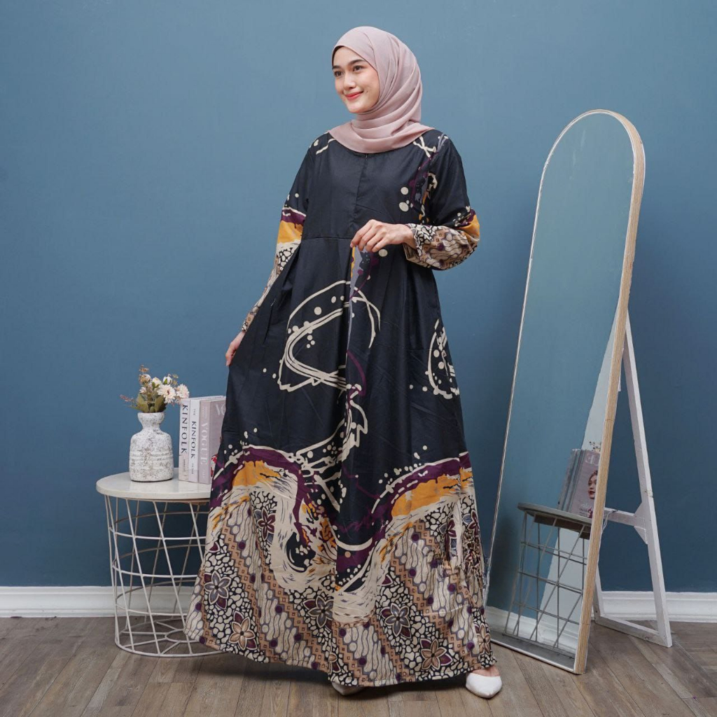 Gamis Batik Modern Resleting Baju Batik Dress Wanita Muslimah Model Pesta Elegan Jumbo Kondangan G2