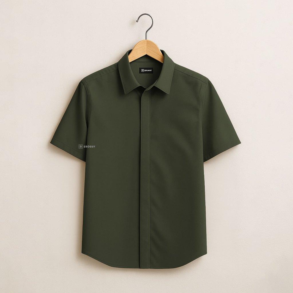 BROGUY Kemeja Zipper Pria Simple Lengan Pendek - Army