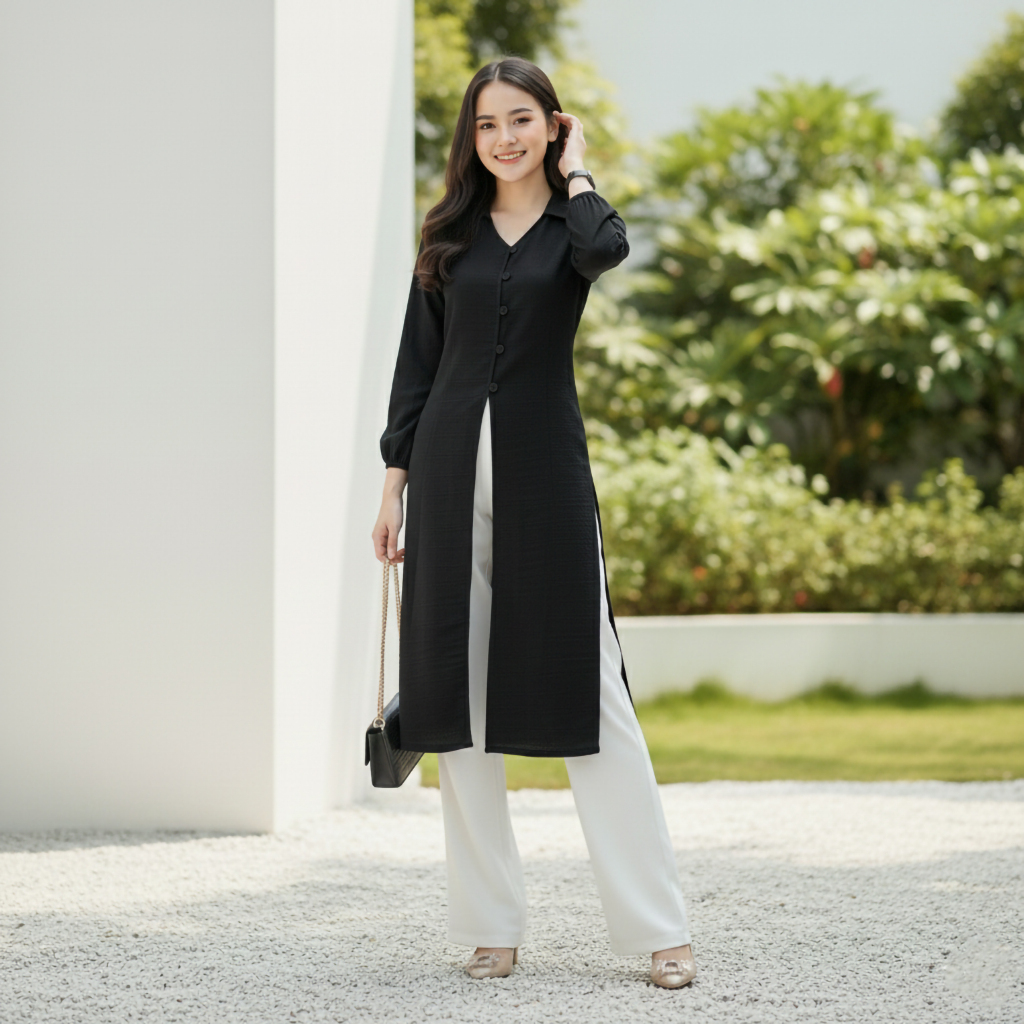 Long Tunic Dress Outer Premium Wanita Bahan Katun Crinkle Tebal Leher Berkerah