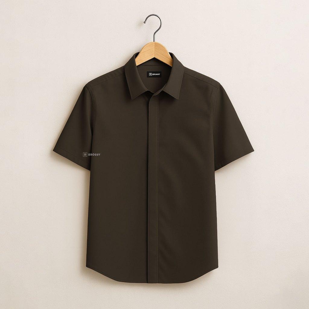 BROGUY Kemeja Zipper Pria Simple Lengan Pendek - Choco