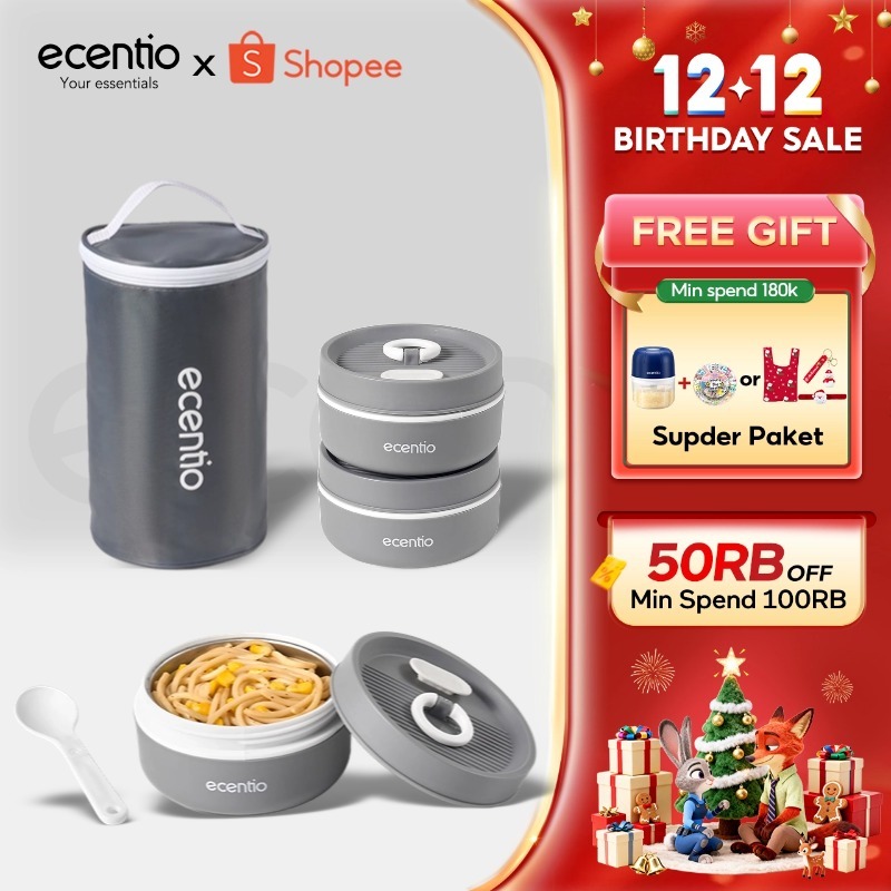 ecentio lunch box stainless 304 kotak makan 3pcs set anti tumpah tempat makan kotak bekal bekal dan 