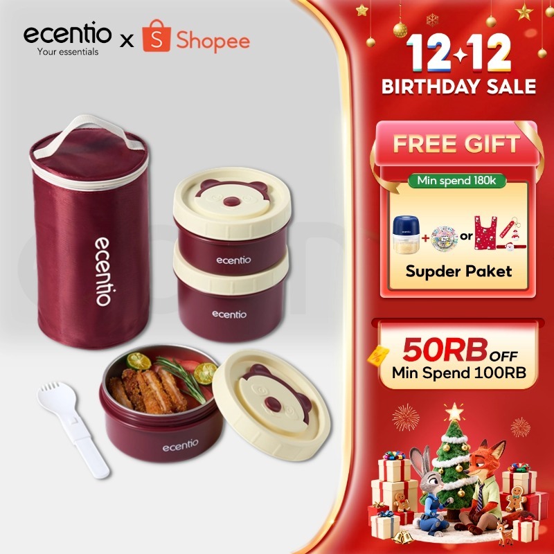 ecentio lunch box tas set 3pcs merah Kotak Makan anti tumpah 304 Stainless Steel tas bekal dan free 
