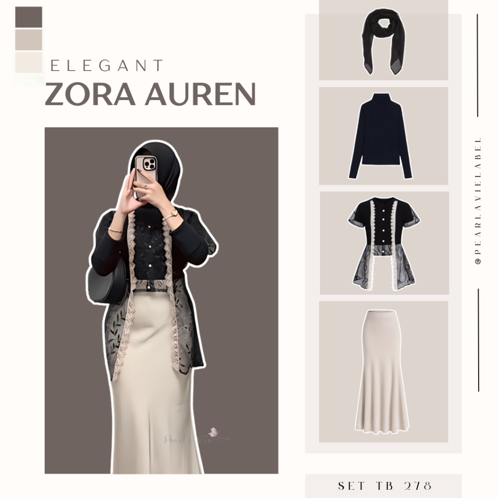 Pearlavielabel - Outfit Wanita Kekinian ( Outer Brokat + Manset + Rok Duyung + Jilbab ) One set Kond