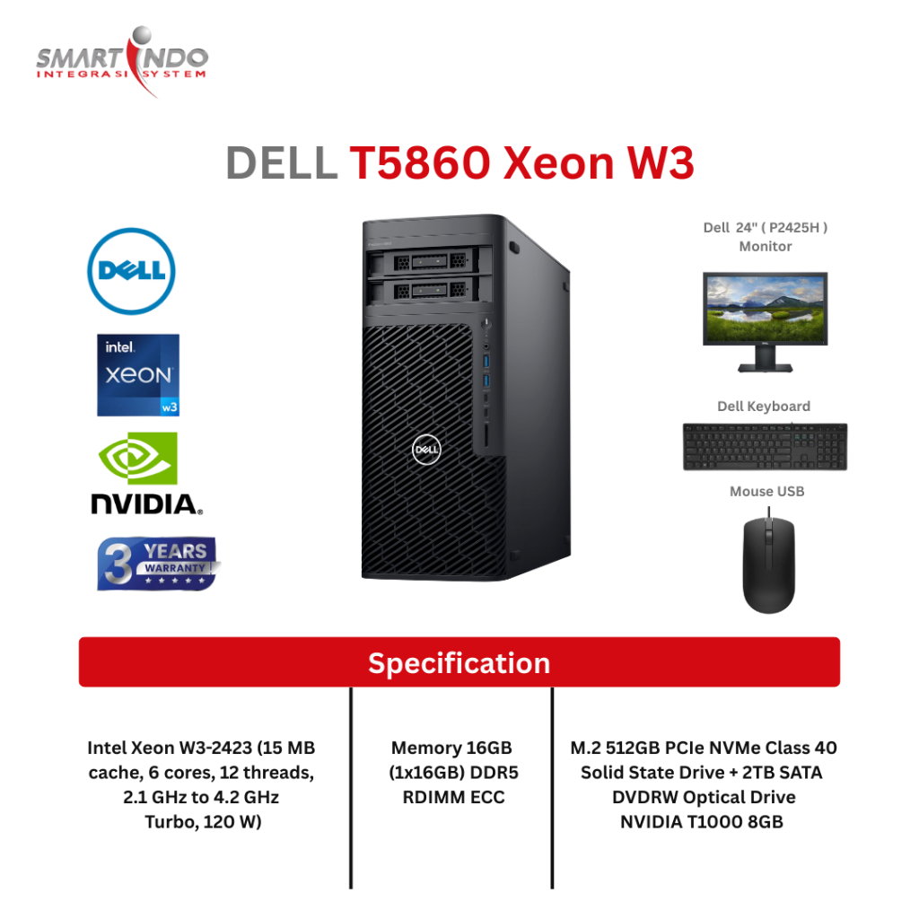 T5860 (XEON W3-2423, 16GB, 512GB SSD + 2TB SATA, DVDRW, T1000 8GB, WIN11PRO, 3YR