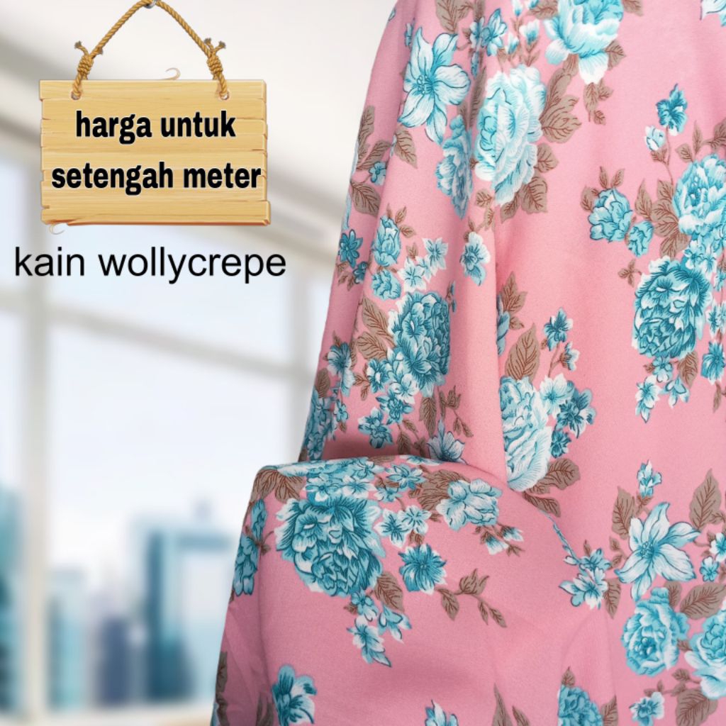 Kain Wollycrepe Motif Bunga Dasar Pink Terbaru