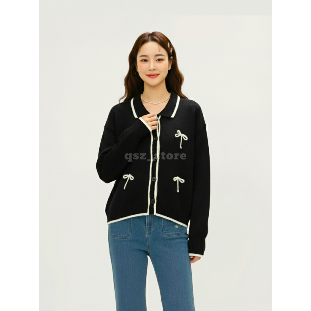 Cardigan Rajut Wanita Jumbo Pita Hitam Korean Style Bow Tie - Kardigan Cewek Knit Kerah Casual
