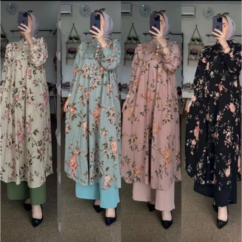 SETELAN ONE SET CELANA LONG TUNIC WANITA TERBARU / MIDI DRESS MUSLIM DELVINA KATUN RAYON DIAMOND