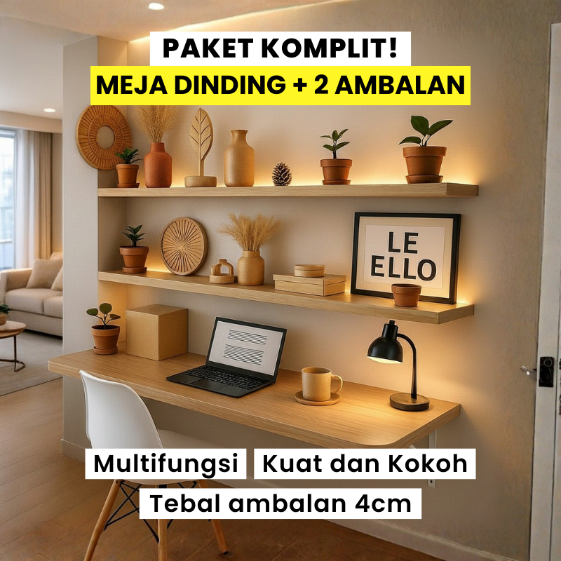 Meja Lipat Dinding + 1 Set Ambalan 2 Pcs Aesthetic 100x40 80x40 Hitam Putih Natural Kayu