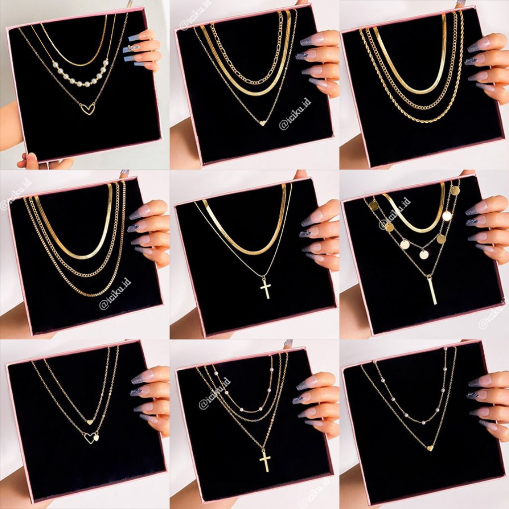 Kalung Dua Leyer 3 Layer Aksesoris Korea Fashion Wanita Necklace Multilayer