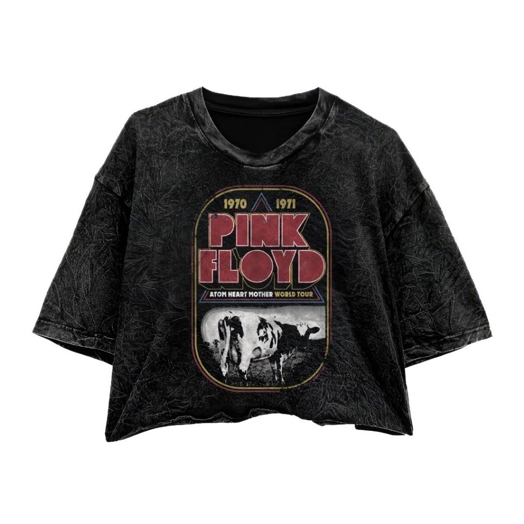 Kaos Crop Top "Pink Floyd" Stone Wash Oversize | Kaos Wanita | Crop Tee | Kaos Band