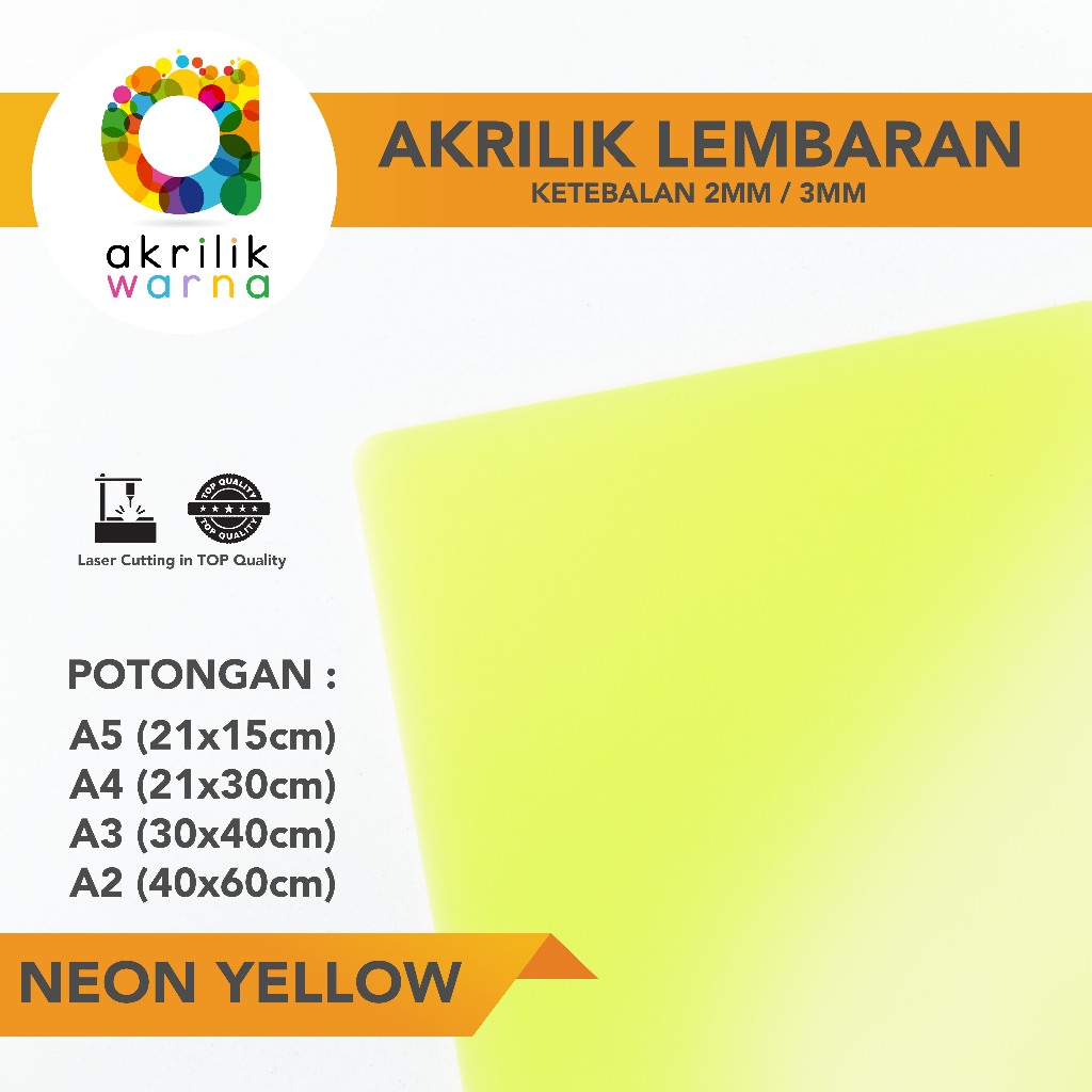 AKRILIK WARNA LEMBARAN POTONGAN - Neon Yellow A5 A4 A3 A2 Kuning Nyala Transparant