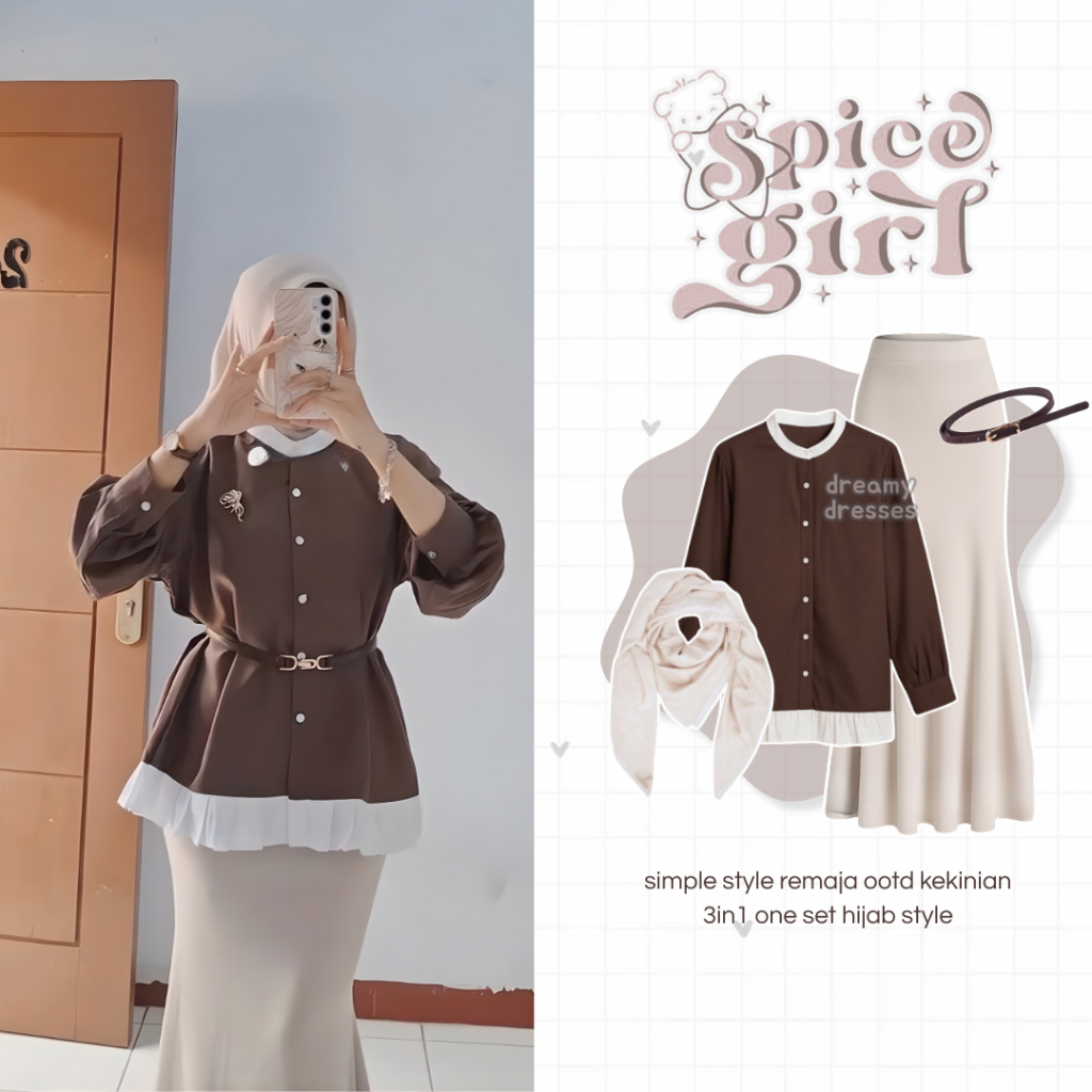 Dreamy - One Set Leona Outfit Remaja Korean Style (Hijab + Belt + Blouse Asaya + Rok Duyung) Outfit 