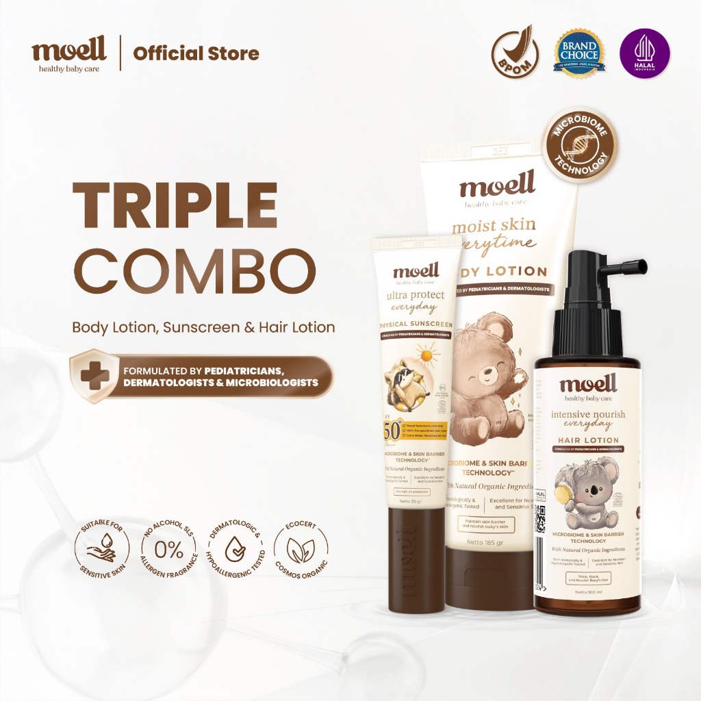 Moell Triple Combo - Body Lotion 185ml & Sunscreen 30ml & Hair Lotion 100ml - Body Lotion With 10X H