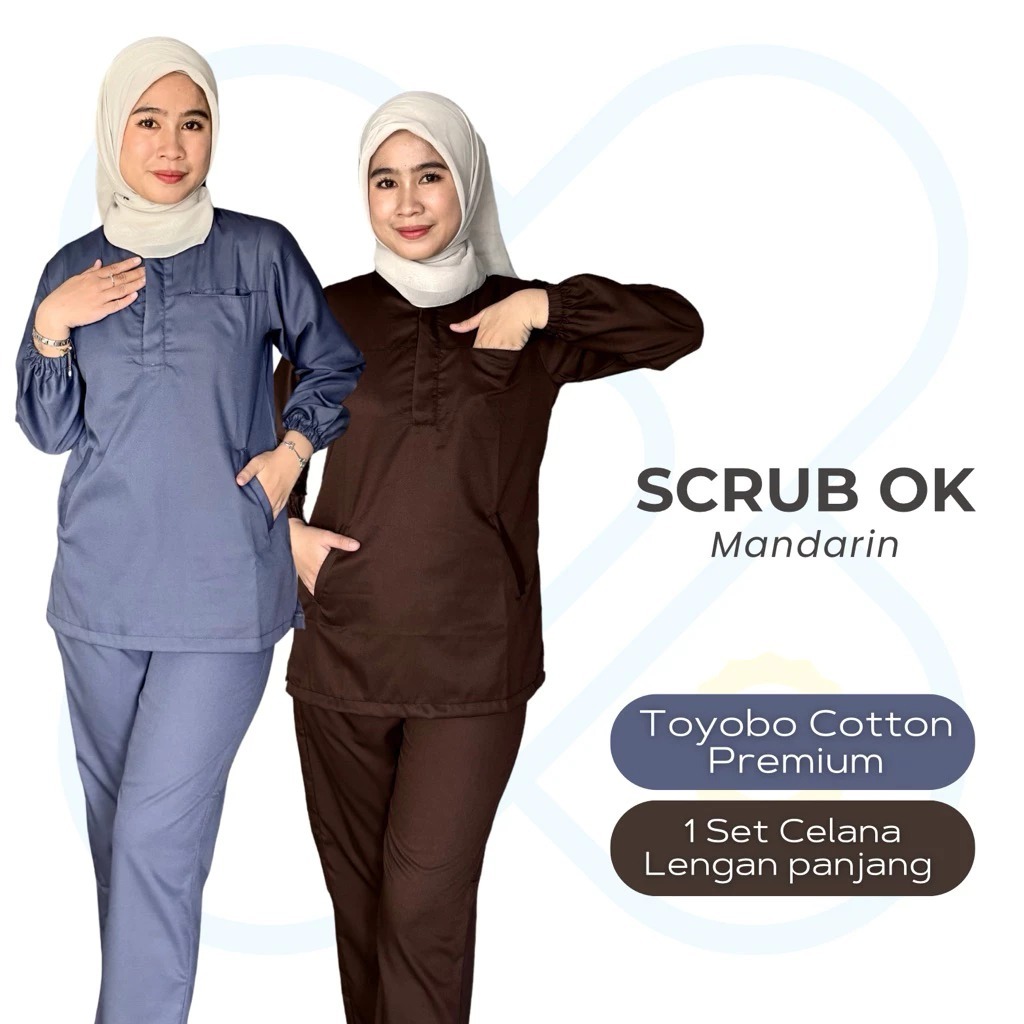 Baju OK Mandarin Resleting Set Lengan Panjang/ Baju jaga Hidden resleting/ Scrub Dokter/ Scrub Medis