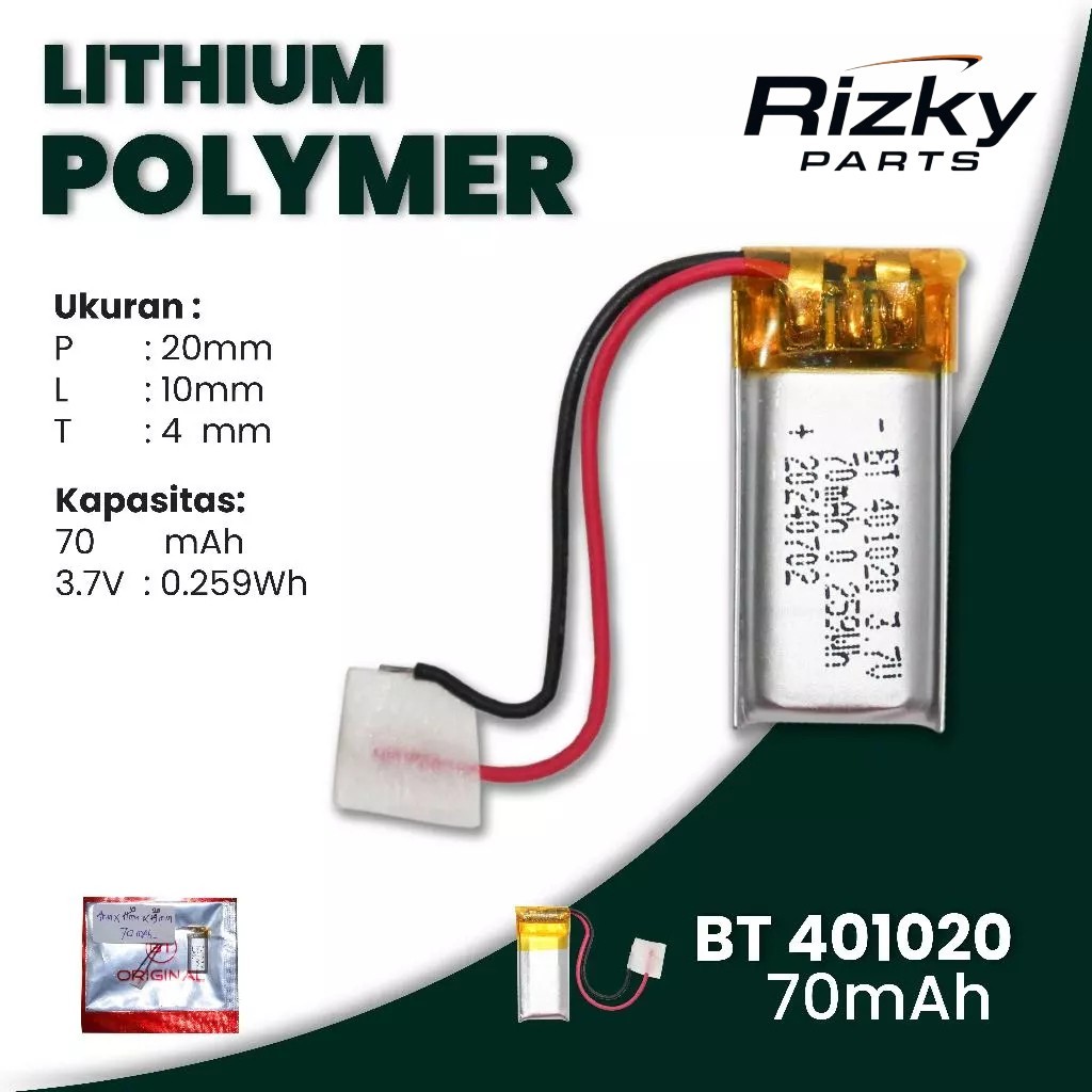 Baterai LI-ON Polimer 401020 Baterai Headset Bluetooth / TWS / Lithium Polymer 401020 3.7V (70 mAh) 