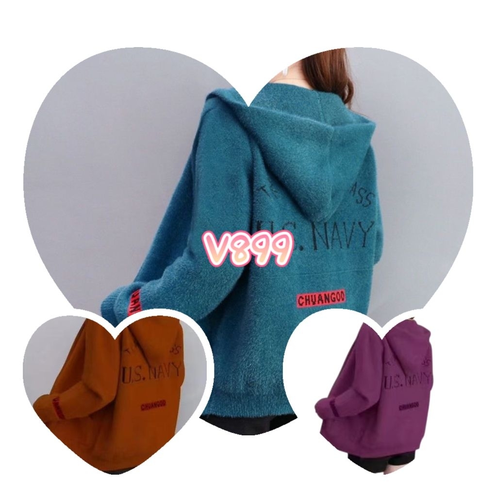 Jaket Hoodie Sweather Rajut Bulu Topi Zipper V899