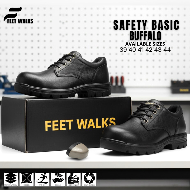 Sepatu Safety Pria - Shoes Safety Basic Buffalo Low Black Outdor Kerja Lapangan Ujung Besi - FEET WA