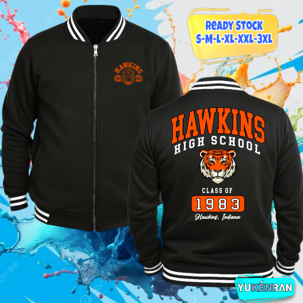 VARSITY JAKET CASUAL HAWKINS HIGH SCHOOL 1983 DESIGN OLD SCHOOL STYLE BAHAN PREMIUM COTTON