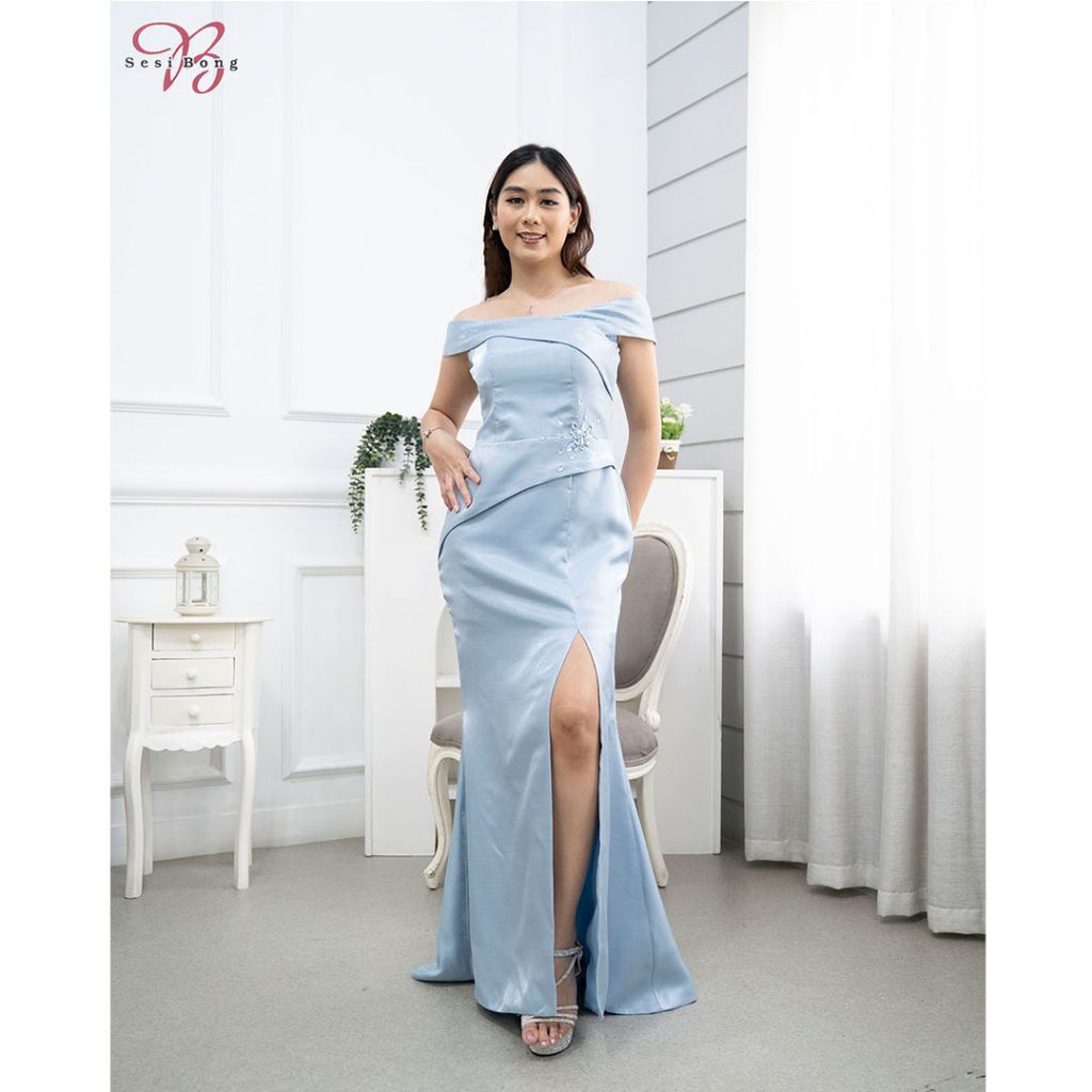 Gaun Pesta 3095 Dusty Blue & Cokelat Susu