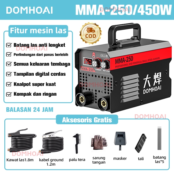 DOMHOAI Mesin Las 450W/250A Inverter Las Listrik Logam Daya Ultra Tinggi Portabel Mesin trafo Gratis