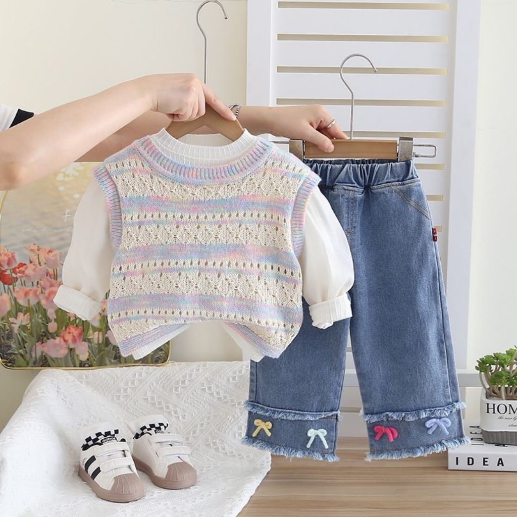SETELAN ANAK PEREMPUAN |  BAJU FASHION DENGAN VEST RAJUT LUCU ANAK PEREMPUAN
