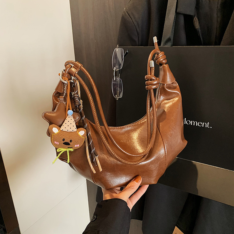 Tas Ketek Wanita Croissant Vintage Model Eksklusif Musim Gugur/Dingin Tas Selempang Tas Unik Tas Tre